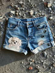 Damen-Peeking-Hunde-und Pfoten druck Jeans shorts