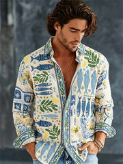 Herren-Vintage-Reisehemd im mediterranen Stil mit botanischem Fisch- und Zitronen-Print