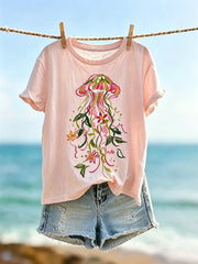 Damen-Vintage-T-Shirt mit maritimem Blumen- und Quallen-Art-Print, Kurzarm