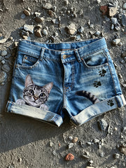 Damen Peeking Cat & Paw Print Jeans Shorts
