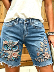 Damen-Jeansshorts mit tierischem Eulen-Print