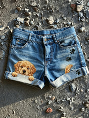 Damen Peeking Golden Retriever Hund & Pfote Print Jeans shorts