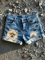 Damen Peeking Pom Hund & Pfote Print Denim Shorts