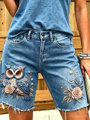 Damen-Tier-Eule-Kunst bedruckte kurze Jeans