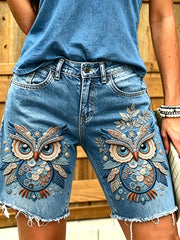 Damen-Jeansshorts mit tierischem Eulen-Print