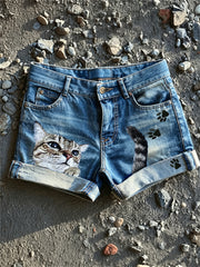 Damen-Jeans-Shorts mit Katzen- und Pfotenabdruck-Print
