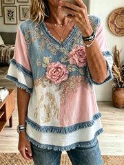 Damen Vintage Classy rosa Blumen Patchwork Print Fringe Trim Baumwoll-Leinen-Shirt
