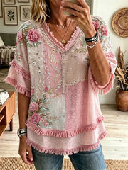 Damen Vintage rosa Rosen Floral Color block Print Fringe Trim Baumwoll-Leinen hemd