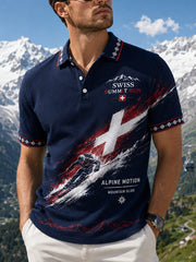 Herren-Poloshirt mit Ski-Print, waffelstrukturiert und kurzärmelig