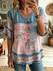 Damen Vintage rosa Rosen Blumen-Patchwork-Print-Fransen-Hemd aus Baumwolle