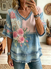 Damenhemd aus Baumwoll-Leinen mit Vintage-Print, rosa Rosen und Blumenmuster im Patchwork-Stil, besetzt mit Fransenborte