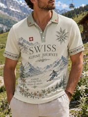 Herren-Poloshirt mit Ski-Print, waffelstrukturiert und kurzärmelig