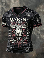 Herren-Vintage-Patchwork-T-Shirt im Wacken-Metal-Festival-Style mit V-Ausschnitt und lässigem Druck