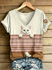 Damen-Tier katzen streifen bedruckt Vintage Mode Lose Kurzarm T-Shirt