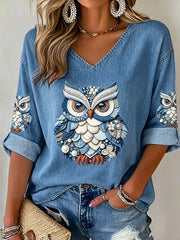 Damen-T-Shirt mit V-Ausschnitt und Mittelarm-Tier eule bedruckt