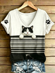 Damen-T-Shirt mit Tier- und Katzenstreifenmuster, im Vintage-Stil, modisch, locker geschnitten, kurze Ärmel