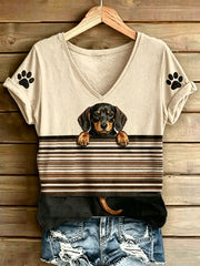 Damen-Tier-Hunde-Streifen bedruckt Vintage-Mode lose Kurzarm-T-Shirt