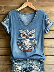 Damen-T-Shirt mit Tier- und Eulenmuster, im Vintage-Stil, modisch, locker geschnitten, kurze Ärmel