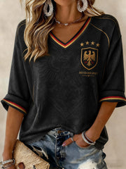 Damen-T-Shirt mit Deutschland-Fußballmotiv, mittellange Ärmel und V-Ausschnitt