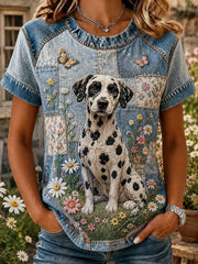 Damen-Vintage-Stil Patchwork-Blumen-Dalmatiner-Print-Kurzarm-T-Shirt