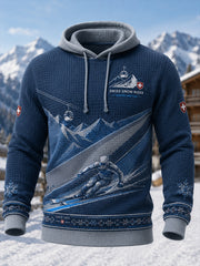 Herren-Kapuzenpullover aus Waffelpiqué mit Skimotiv