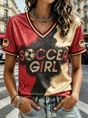 Damen-Retro-Deutschland-Fußball-Paillettenprint lässiges V-Ausschnitt-T-Shirt