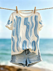 Damen-T-Shirt im Urlaubsstil mit geometrischem Linienmuster und Kurzärmeln