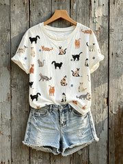 Damen-T-Shirt mit Katzen druck mit kurzen Ärmeln