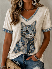 Damen Cowboy Cat Print lässiges T-Shirt mit V-Ausschnitt