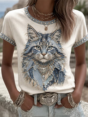 Damen Cowboy Cat Print Casual T-Shirt