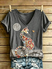 Damen-T-Shirt mit Katzenmotiv-Print, im Vintage-Stil, modisch, locker geschnitten, kurze Ärmel