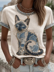 Damen-Cowboy-T-Shirt mit Katzenmuster, lässig