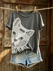 Damen-T-Shirt mit niedlichem Katzenmuster, farbblockiertem Design und kurzen Ärmeln – lässiger Style