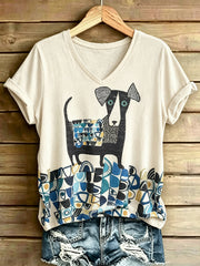 Damen Tier Hund Kunst gedruckt Vintage Mode Lose Kurzarm T-Shirt