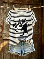 Damen-T-Shirt mit niedlichem Katzenmuster, farbblockiertem Design und kurzen Ärmeln – lässiger Style