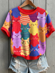 Damen Gruppe Katze Kunst gedruckt Vintage Mode lose Kurzarm T-Shirt