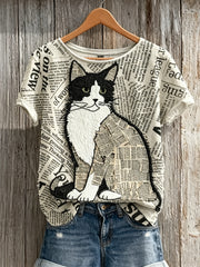 Kurzarm-T-Shirt mit Patchwork-Kunstdruck für Damen Vintage-Katzen zeitung