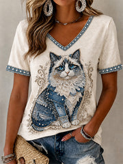 Damen-Cowboy-T-Shirt mit Katzenmuster und V-Ausschnitt, lässig