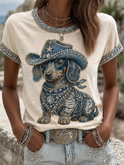 Lässiges T-Shirt für Damen mit Cowboy-Hund-Print