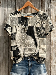 Kurz ärmel iges T-Shirt mit Patchwork-Kunst druck für Damen mit Katzen-und Pfoten druck