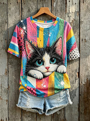 Damen-T-Shirt mit farbenfrohem Katzen-Art-Print und kurzen Ärmeln