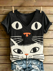 Damen-T-Shirt mit Katzenmotiv-Print, im Vintage-Stil, modisch, locker geschnitten, kurze Ärmel