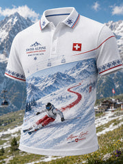 Herren-Poloshirt mit Ski-Motiv-Druck, waffelstrukturiertem Strick und kurzen Ärmeln