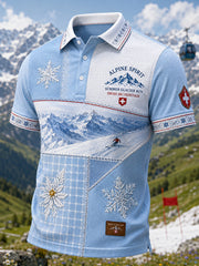 Herren-Poloshirt mit Ski-Motiv-Druck, waffelstrukturiertem Strick und kurzen Ärmeln