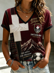 Damen-T-Shirt mit Fußballmotiv, V-Ausschnitt und kurzen Ärmeln
