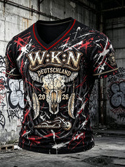 Herren-Retro-T-Shirt im deutschen Wacken-Metal-Festival-Punk-Stil mit V-Ausschnitt und Aufdruck, lässig geschnitten