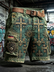 Herren-Shorts im Vintage-Stil, grün, lässig für die Arbeit, mit Kreuzdruck und deutschem Fußballmotiv