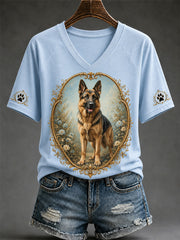 Damen-Retro-T-Shirt mit Hunde-Print und V-Ausschnitt, lässig geschnitten