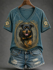 Damen-Retro-T-Shirt mit Hunde-Print und V-Ausschnitt, lässig geschnitten