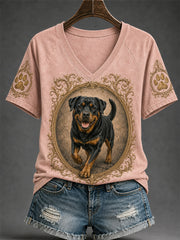 Damen Retro Hund Print lässiges T-Shirt mit V-Ausschnitt